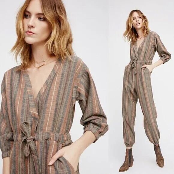 People Free Loveland Metallic Striped Jumpsuit Wool Blend Brown Bohemian Boho XS - Picture 15 of 15